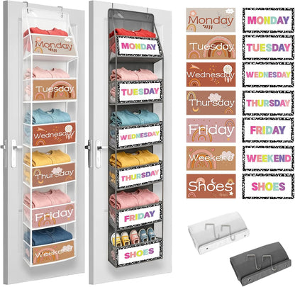 2 Pack Weekly Clothes Organizer for Kids, 6 Shelf Hanging Closet Organizer with Clear Window, Foldable Days of the Week Over the Door Outfit Organizer with Labels for Closet School