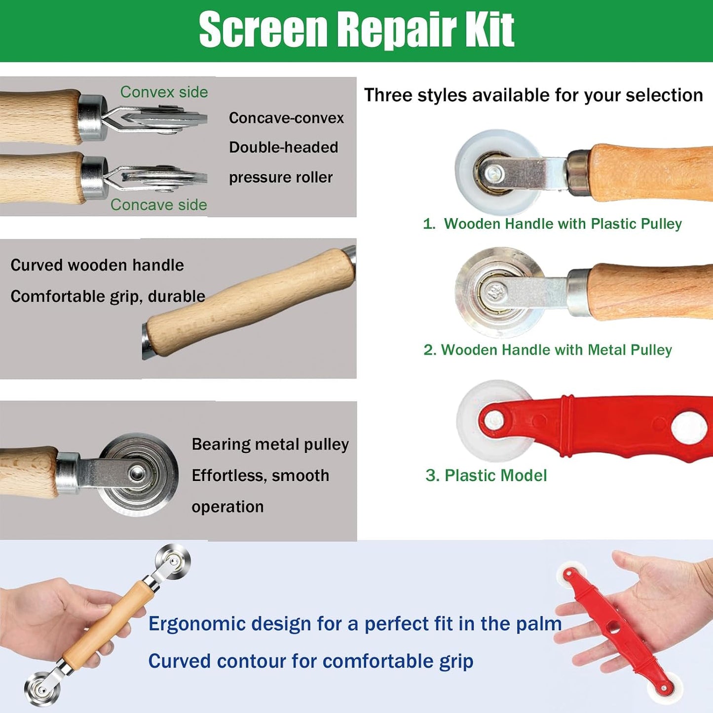 Screen Repair Kit & Window Screen Replacement Kit with Spline Roller Tool, Spline Removal Hook, Screen Cutter - Easy to Use 5-in-1 Tool for Screen Door Repair, Windows, Patio & Sliding Doors