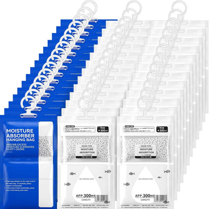 Hoteam 40 Pack Hanging Moisture Absorbers Bags 10 oz & 16.9 oz Capacity, Dehumidifier Bags Calcium Chloride Unscented Humidity Absorber Desiccant for Closet, Wardrobes, Car, Bathroom, Bedroom, Boat