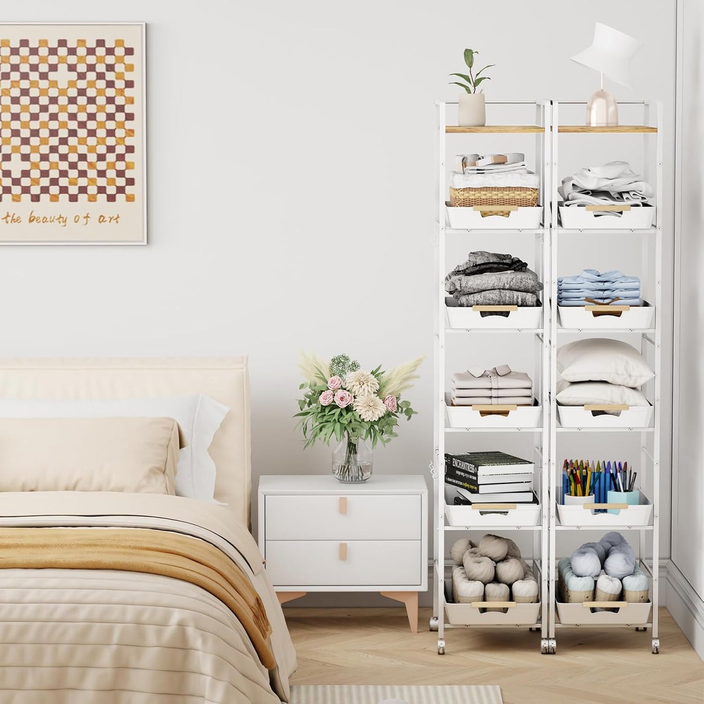 6 Tier Slim Storage Cart with Pull-Out Baskets Rolling Cart with Wheels Wood Top Narrow Utility Cart Metal Shelving Units for Pantry Laundry Room Bathroom Kitchen White 8in(W)