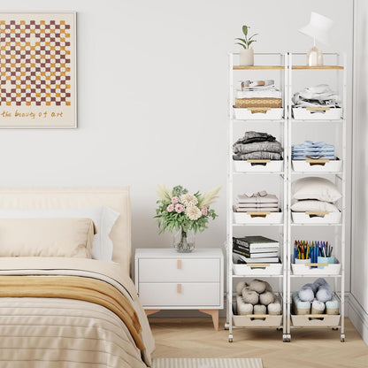 6 Tier Slim Storage Cart with Pull-Out Baskets Rolling Cart with Wheels Wood Top Narrow Utility Cart Metal Shelving Units for Pantry Laundry Room Bathroom Kitchen White 8in(W)