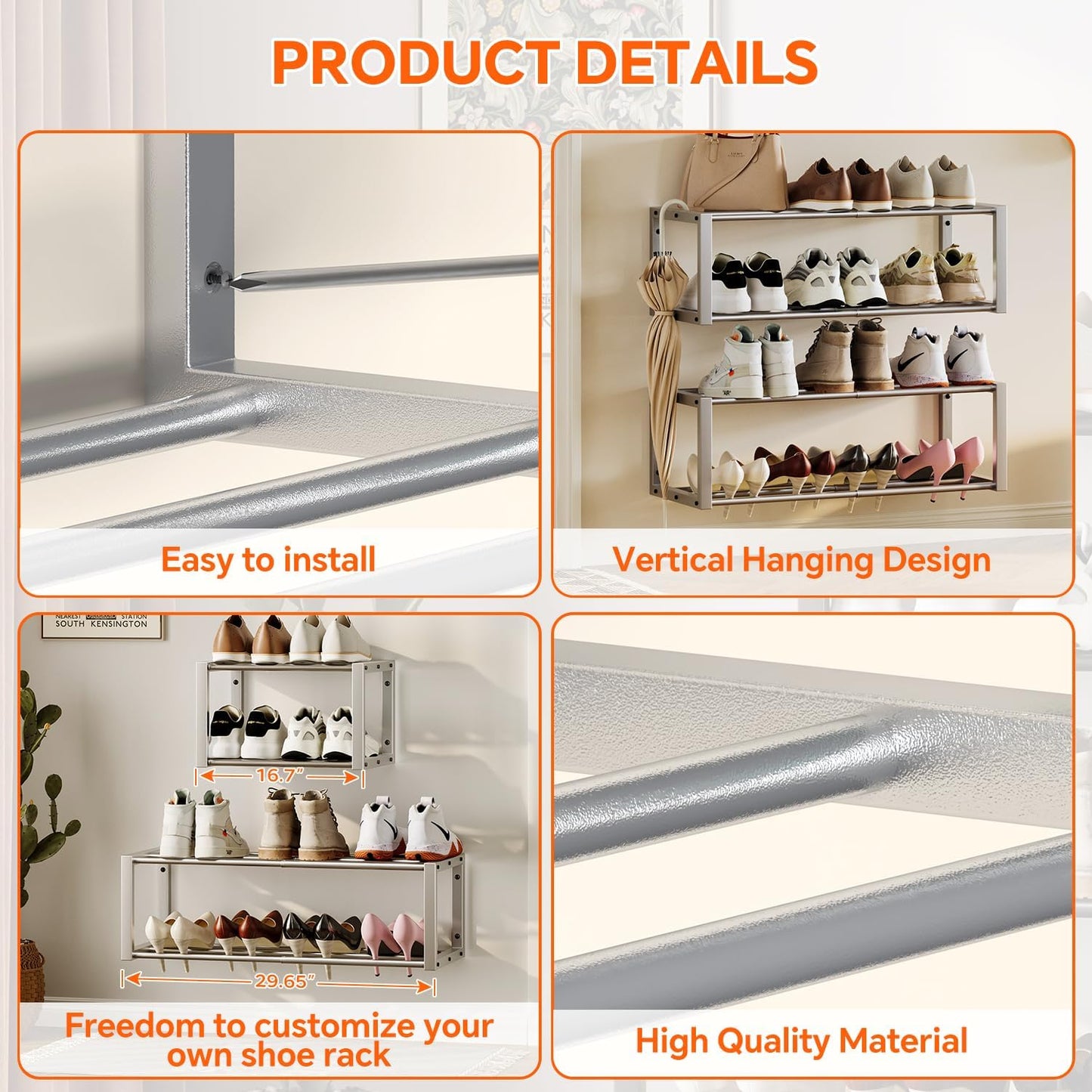 Homeiju Hanging Shoe Organizer,2 Pack Wall Mounted Shoe Rack Holds 12 Pairs,Space Saving Metal Wall Shoe Rack,Hanging Shoe Rack Shoe Holder for Small Space,Entryway,Closet,RV,Camper（Black