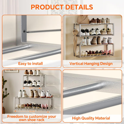 Homeiju Hanging Shoe Organizer,2 Pack Wall Mounted Shoe Rack Holds 12 Pairs,Space Saving Metal Wall Shoe Rack,Hanging Shoe Rack Shoe Holder for Small Space,Entryway,Closet,RV,Camper（Black