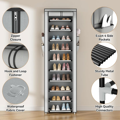 ROJASOP 10 Tier Shoe Rack with Covers,Large Capacity Stackable Tall Shoe Shelf Storage to 50-55 Pairs Shoes and Boots Sturdy Metal Free Standing Shoe Rack Organizer for Closet Entryway Garage