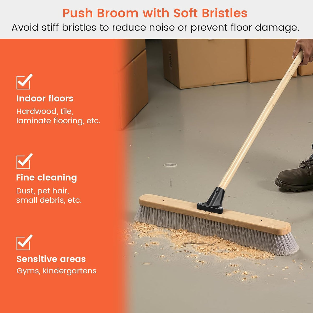 ALANNG 24” Push Brooms for Indoor and Outdoor, Heavy Duty Broom for Sweeping with 61” Wood Handle, Soft Bristle and Stiff Bristle Broom Set for Shop, Garage (2 Pieces)