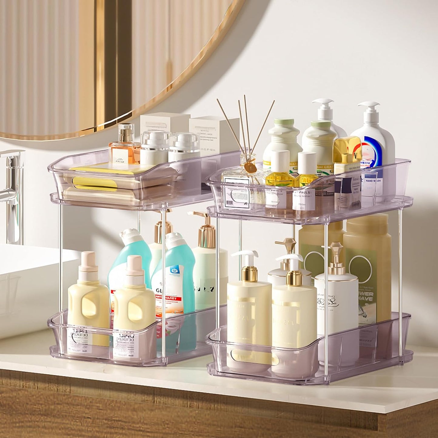 Delamu 2-Tier Under Sink Organizers and Storage, Multi-Purpose Stackable Bathroom Cabinet organizers, Pull Out Kitchen Pantry Organization and Storage with Dividers(2 Pack, Clear)
