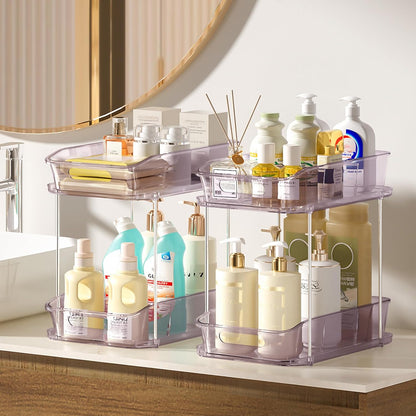 Delamu 2-Tier Under Sink Organizers and Storage, Multi-Purpose Stackable Bathroom Cabinet organizers, Pull Out Kitchen Pantry Organization and Storage with Dividers(2 Pack, Clear)