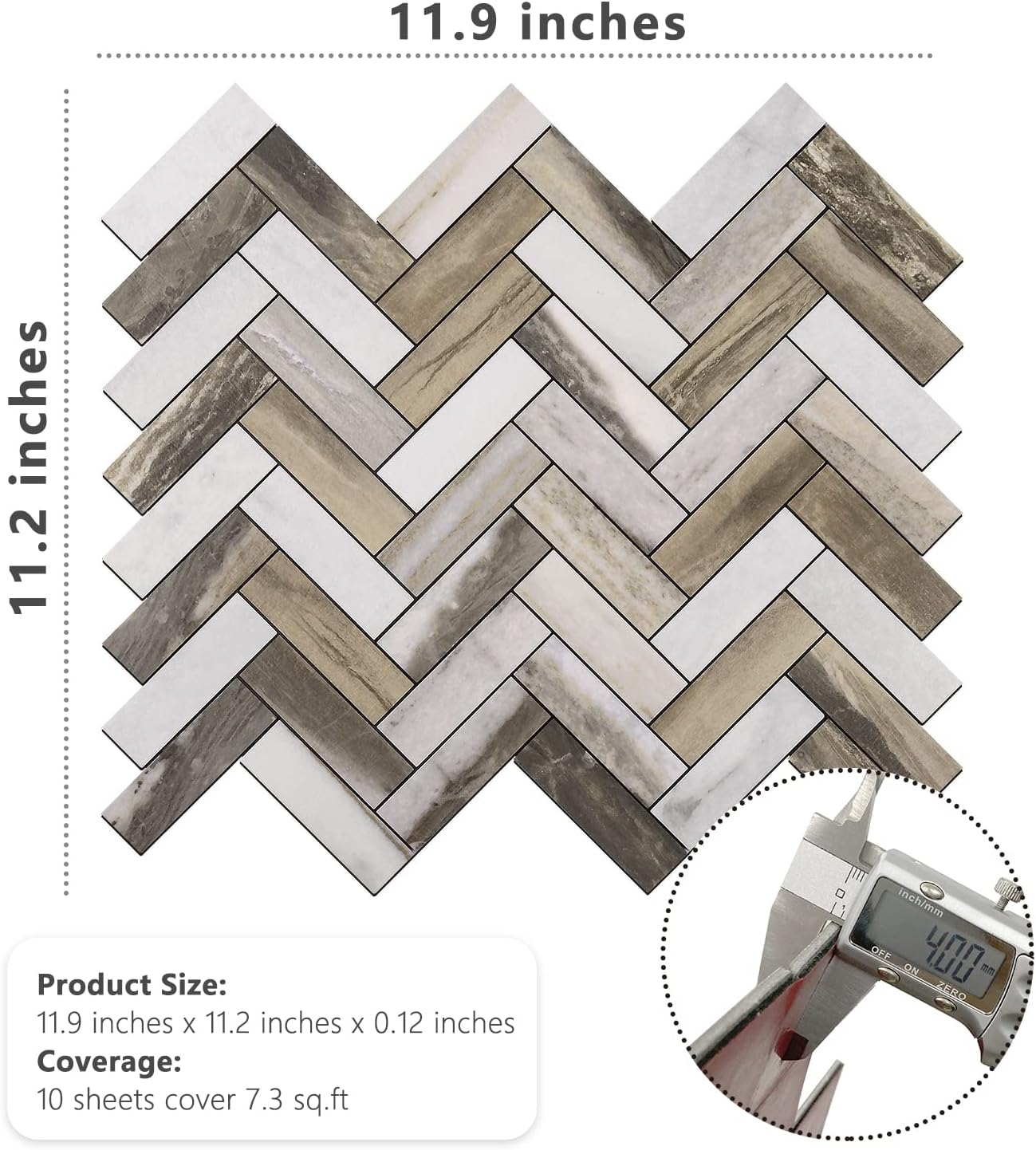 STICKGOO 10 Sheets Herringbone Peel and Stick Backsplash, Stick on Aluminum Composite PVC Kitchen Backsplash, Marble White Mixed Light Grey Look Self Adhesive Wall Tiles