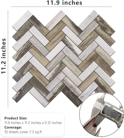 STICKGOO 10 Sheets Herringbone Peel and Stick Backsplash, Stick on Aluminum Composite PVC Kitchen Backsplash, Marble White Mixed Light Grey Look Self Adhesive Wall Tiles