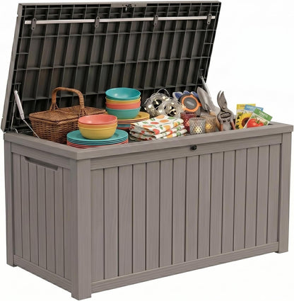 MAKINO 152 Gallon Resin Outdoor Storage Box, Waterproof Deck Box with Lockable Lid, Outside Storage Box for Patio Furniture, Pool Accessories, Garden Tools, Storage Bench for Backyard, Porch, Black