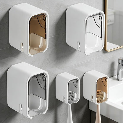 3 Pack Wall Mounted Toothbrush Holder with Lid - Adhesive No-Drill, Clear Acrylic Dust-Proof Cover, Electric Toothbrush Holder Set, Bathroom Organizer for Family Travel