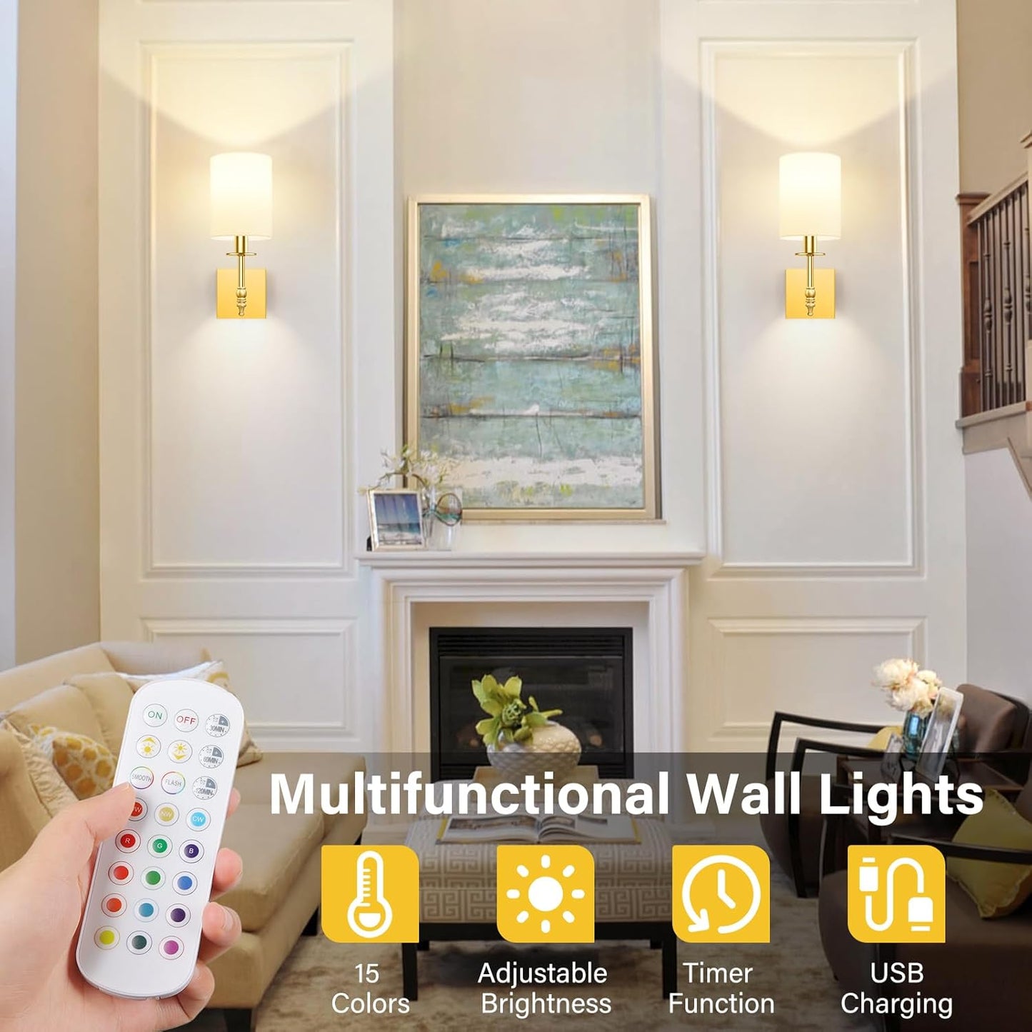 24.8 Inch Black Battery Operated Wall Sconces Set of 2, Rechargeable Wireless Wall Lights with Remote & White Fabric Shade, Indoor Not Hardwired Dimmable Wall Lamps for Bedroom, 2 Bulbs Included