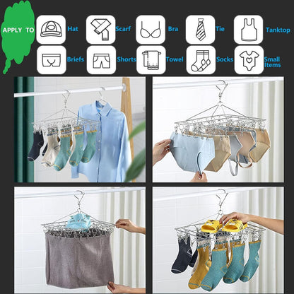 Clothes Sock Drying Rack with 36 Clips, Stainless Steel Underwear Dryer Swivel Laundry Hanger with Windproof Hook for Hanging Towels Bras Gloves Baby Clothes Indoor Outdoor