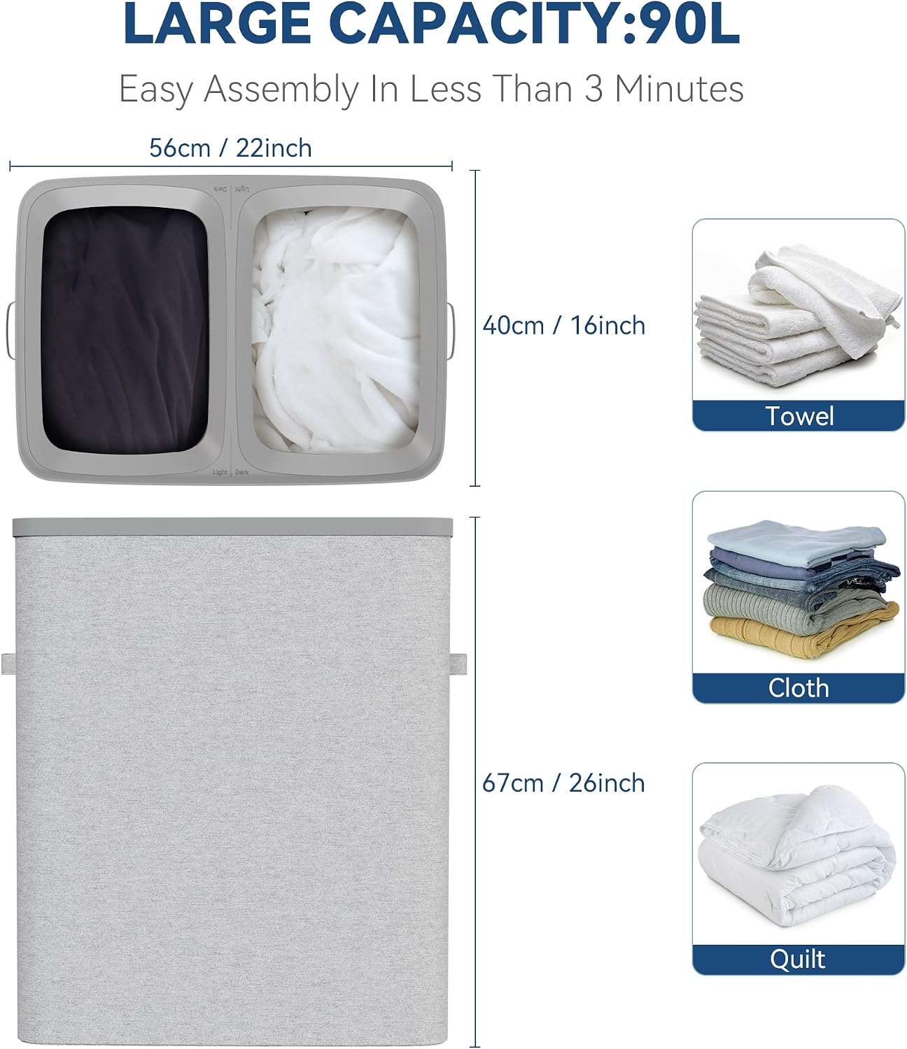 Whitmor Laundry Sorter, 92L Laundry Hamper with Shelf & 2 Removable Bags, 2 x 12.1 Gallons (46L), 28.8 x 13 x 28.4 Inches, Dirty Clothes Hamper Organizer for Laundry Room, Bathroom, Dorm, Black