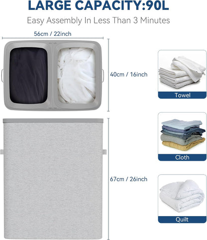 Whitmor Laundry Sorter, 92L Laundry Hamper with Shelf & 2 Removable Bags, 2 x 12.1 Gallons (46L), 28.8 x 13 x 28.4 Inches, Dirty Clothes Hamper Organizer for Laundry Room, Bathroom, Dorm, Black