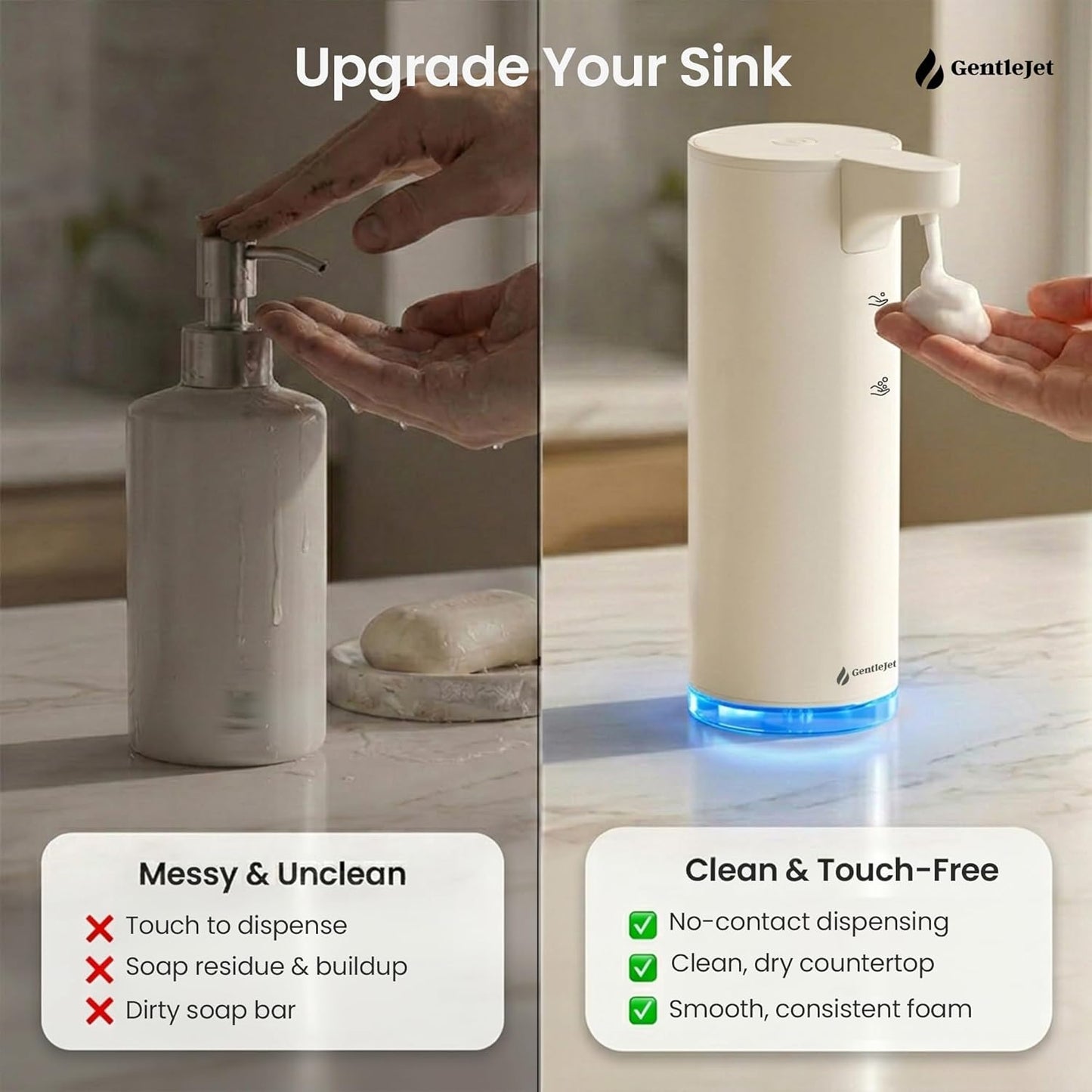 GentleJet EasyFoam Automatic Foaming Soap Dispenser Touchless Sensor, USB-C Rechargeable, 304 Stainless Steel, IPX5 Waterproof for Bathroom Kitchen Sink, 280 ml