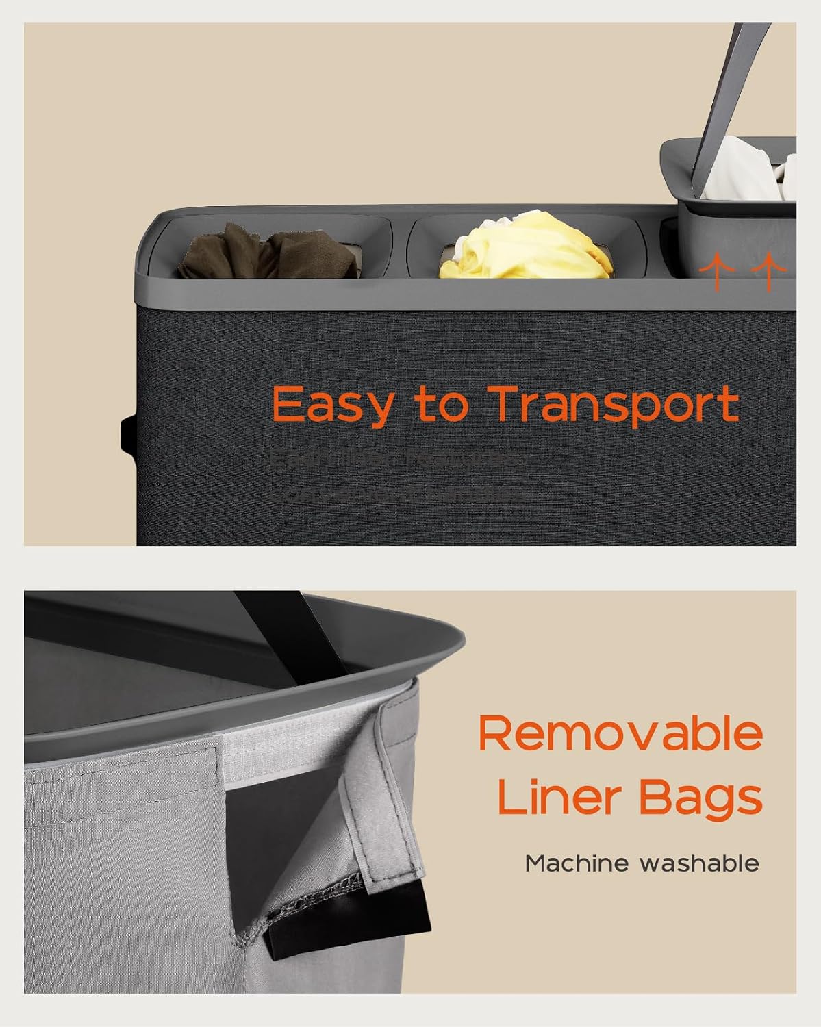 CASAMAYA Laundry Basket with Lid, Laundry Hamper 3 Section, 190L collapsible Laundry Organizer, Easy Assembly, with Handles and Removable Liners, 25.2 x 15.7 x 29.5 Inches, Beige JSP904M