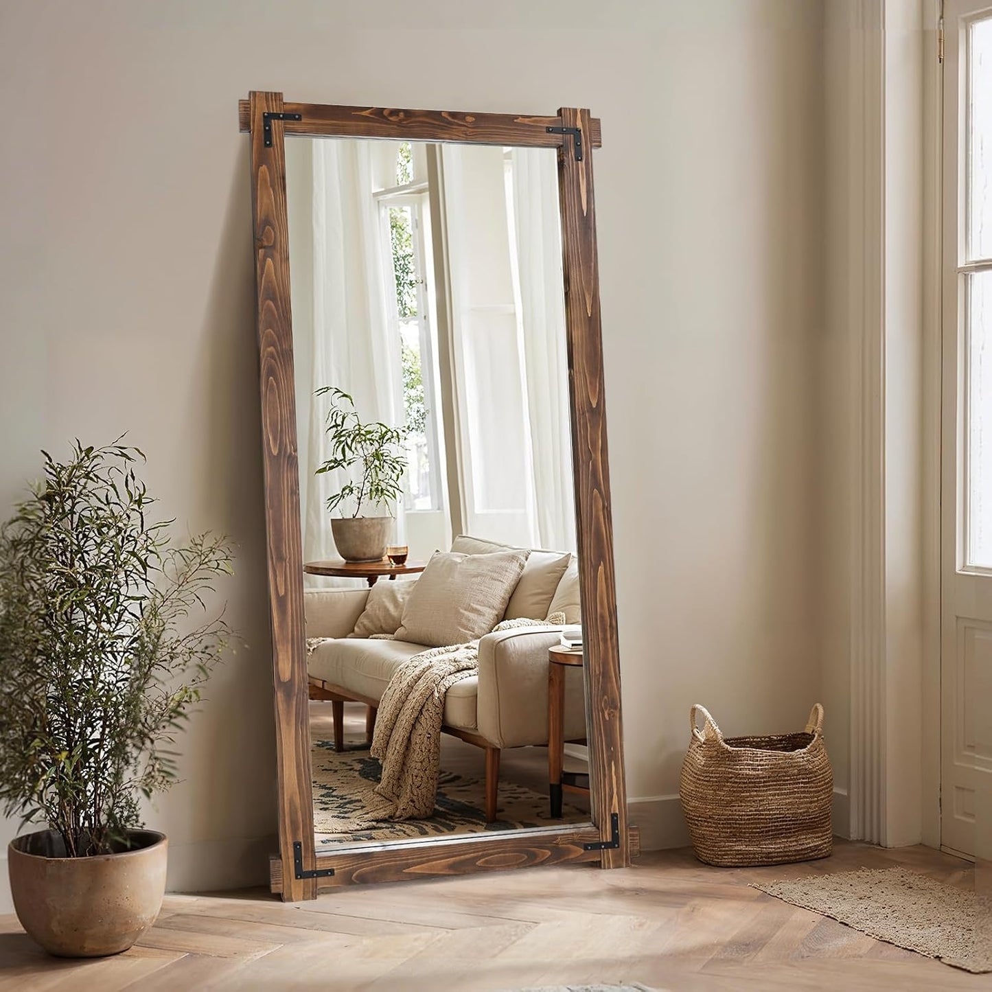 65x24 Inch Full Length Mirror, Pine Frame Full Body Standing Mirror with Metal Decorative, Black