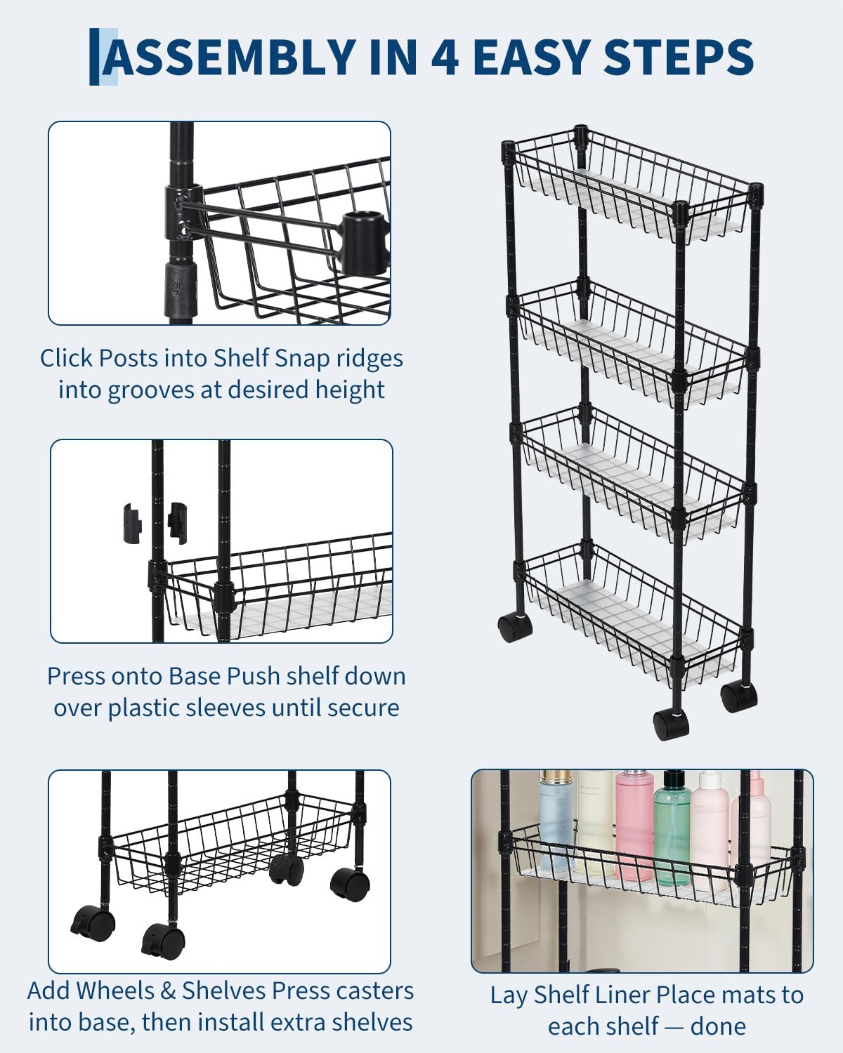 GarveeHome Slim Rolling Storage Cart, 4 Tier Metal Utility Cart with Wheels, Adjustable Shelving Unit Basket for Kitchen Bathroom Laundry Room Living Room & Narrow Corner, 15.75"X5.91"X31.5", Black