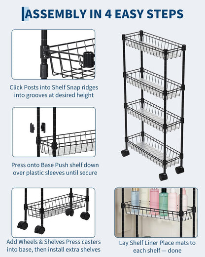 Slim Storage Cart 3 Tier, Bathroom Organizer Rolling Utility Adjustment Shelf for Small Spaces, Kitchen, Dining Room, Living Room, Bathroom, Black