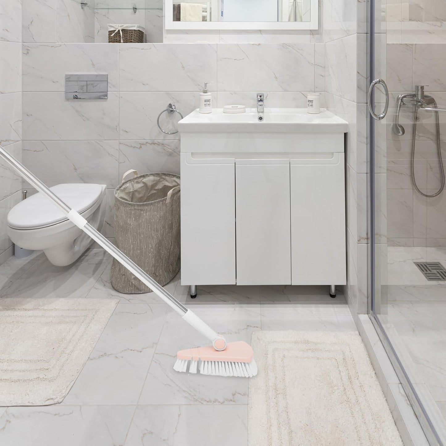 Bathroom Cleaning Brush with Long Handle Stiff Bristles Floor Cleaner Scrub Brush for Tile and Tub in Light Pink for Home Cleaning