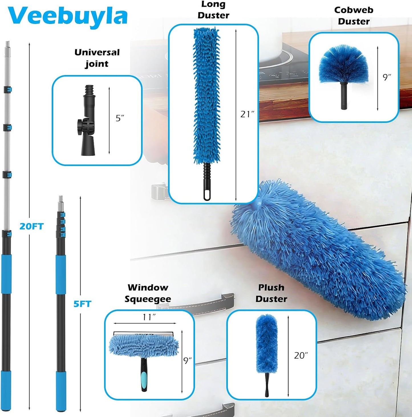 25FT Reach High Ceiling Duster Kits with 5-20FT Adjustable Pole - Includes Extra Long Duster, High Ceiling Duster, Rotatable Window Squeegee & Cobweb Duster for Ceiling Fans and Whole House Cleaning