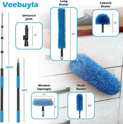 25FT Reach High Ceiling Duster Kits with 5-20FT Adjustable Pole - Includes Extra Long Duster, High Ceiling Duster, Rotatable Window Squeegee & Cobweb Duster for Ceiling Fans and Whole House Cleaning