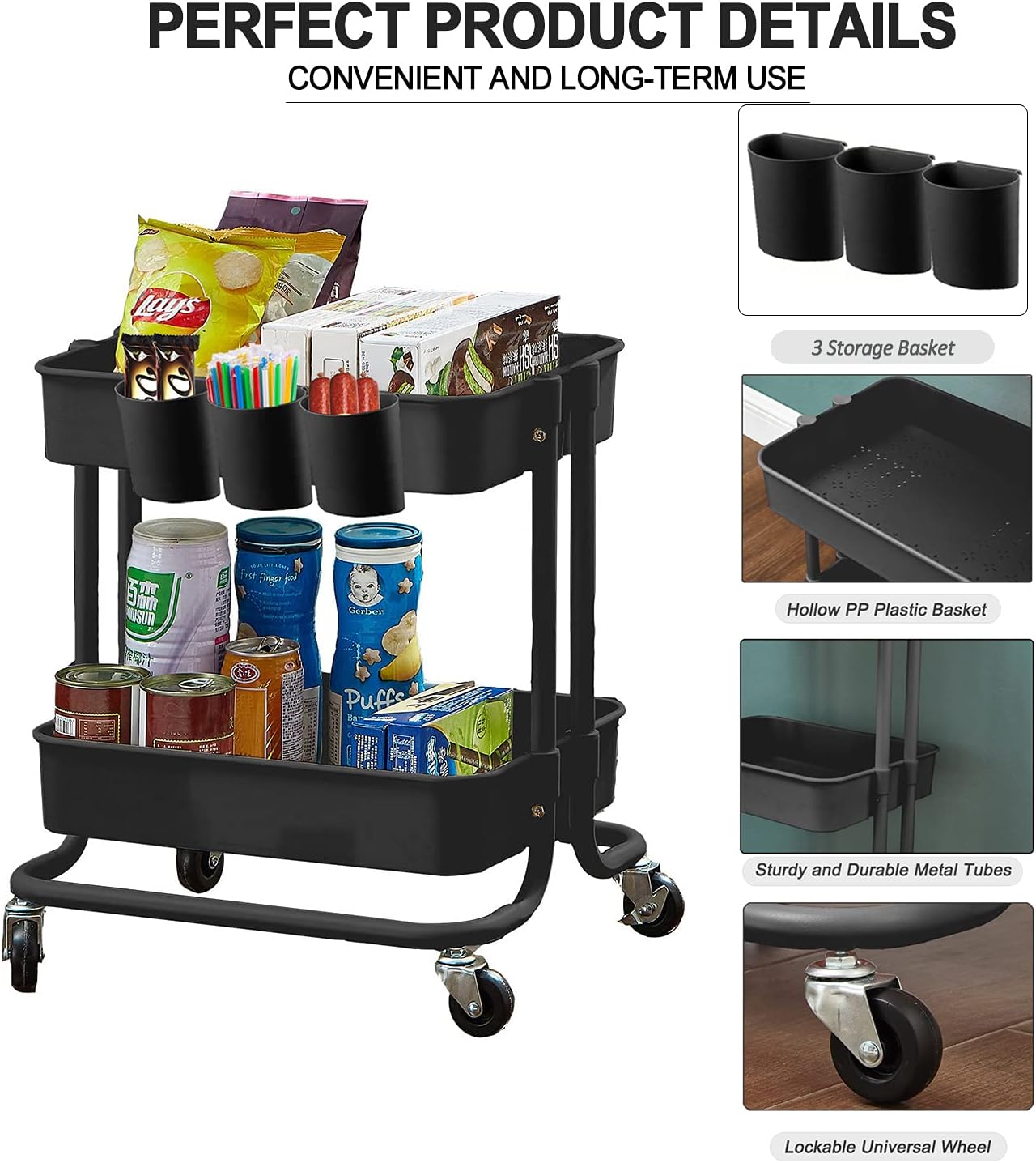 2-Tier Utility Rolling Cart Storage Sofa Side Table with Wheels, Mobile Trolley Organizer with for Office Home Kitchen Organization, Cream White