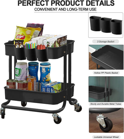 2-Tier Utility Rolling Cart Storage Sofa Side Table with Wheels, Mobile Trolley Organizer with for Office Home Kitchen Organization, Cream White