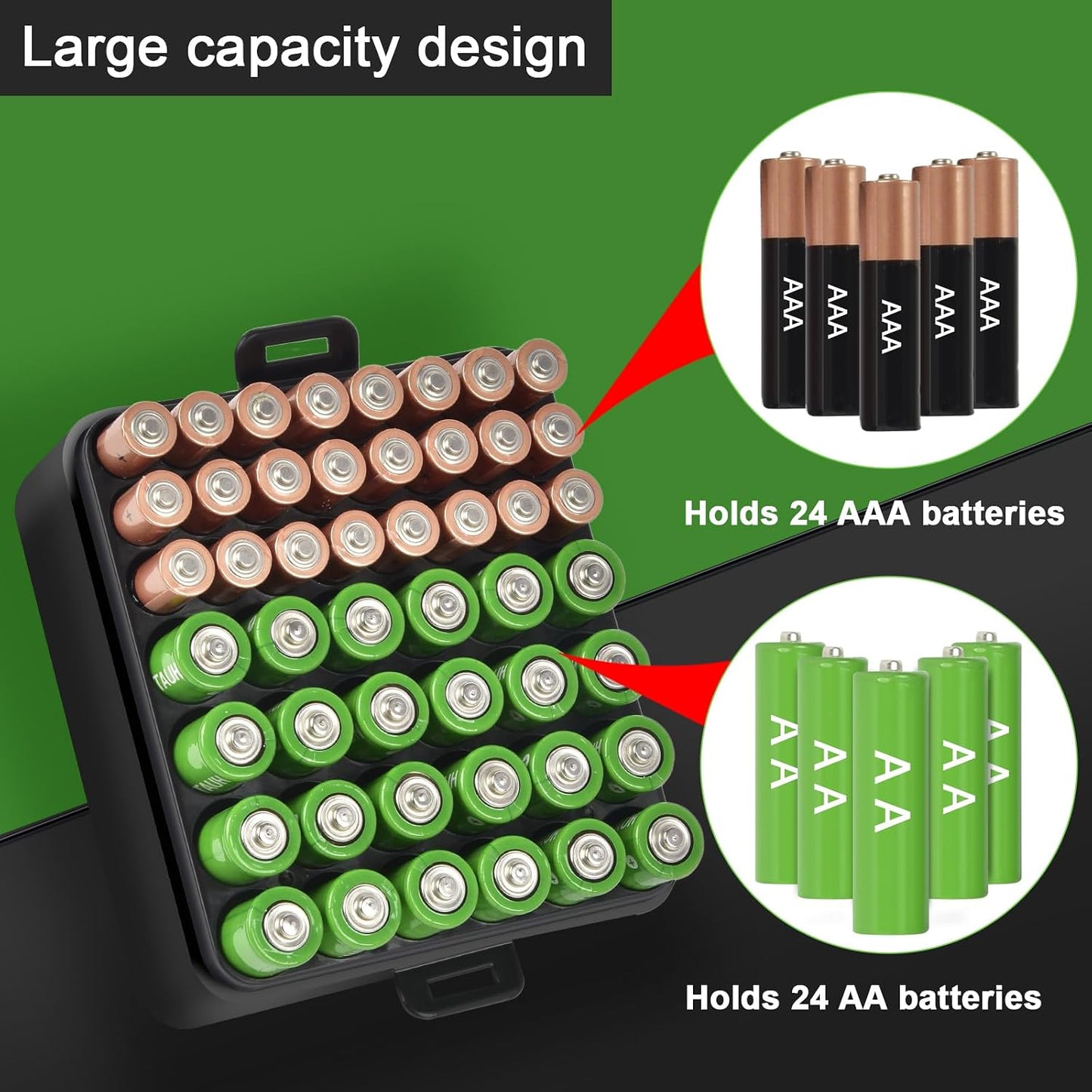 ALCYON Battery Organizer Storage Case, Battery Vault Box Container for 48pcs AA Batteries, Plastic Clear Protective Battery Holder for Travelling/Home/Office (Black, Large)
