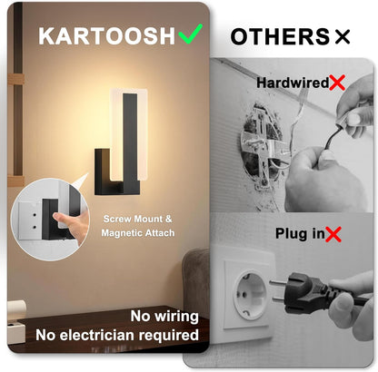 KARTOOSH Rechargeable Wireless Wall Sconces,Battery Operated Modern Wall Light Set of Two with Remote Control,Dimmable,3000K/4000K/6000K,Timer,Cordless Lighting for Hallway,Bedroom,Living Room Black