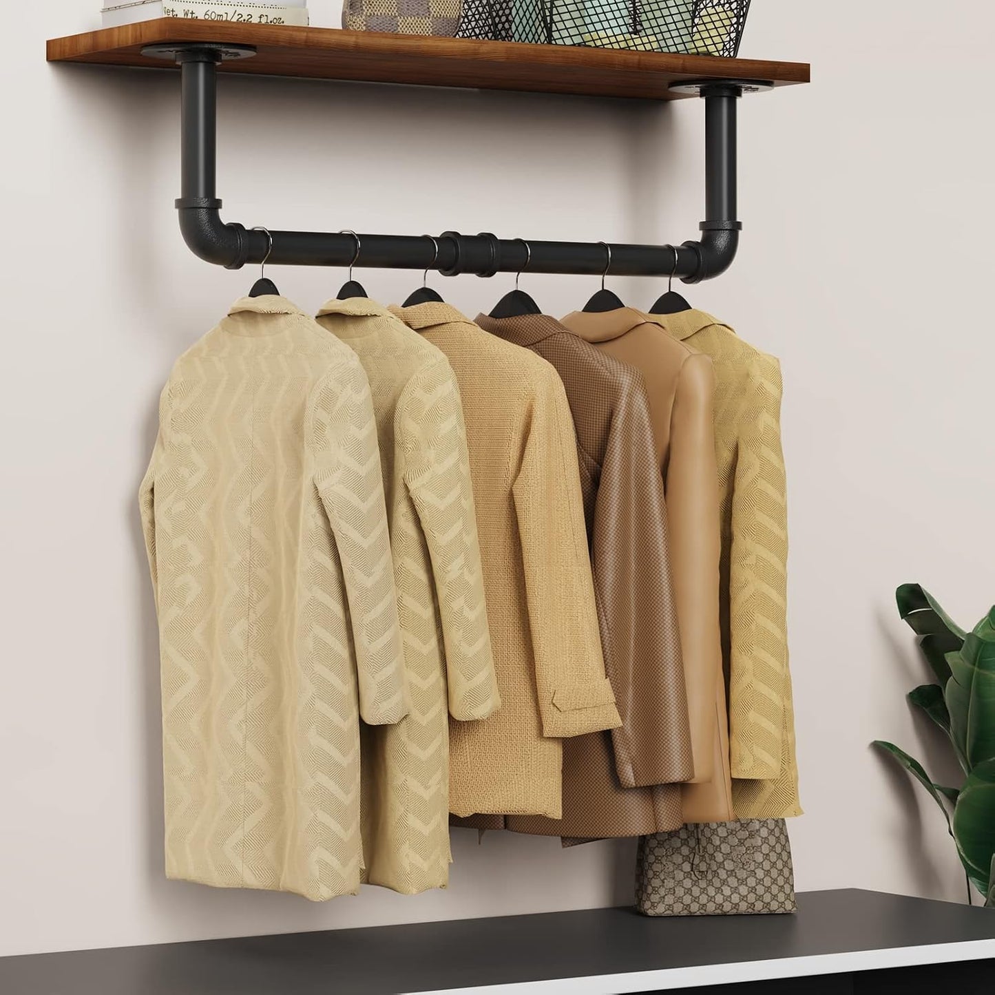 Wall Mounted Clothes Rack 38.4in, Industrial Pipe Wall Mount Clothing Rack, Heavy Duty Iron Garment Racks, Space Saver Multi-purpose Hanging Rod for Laundry Room, Closet Storage, 1 Pack