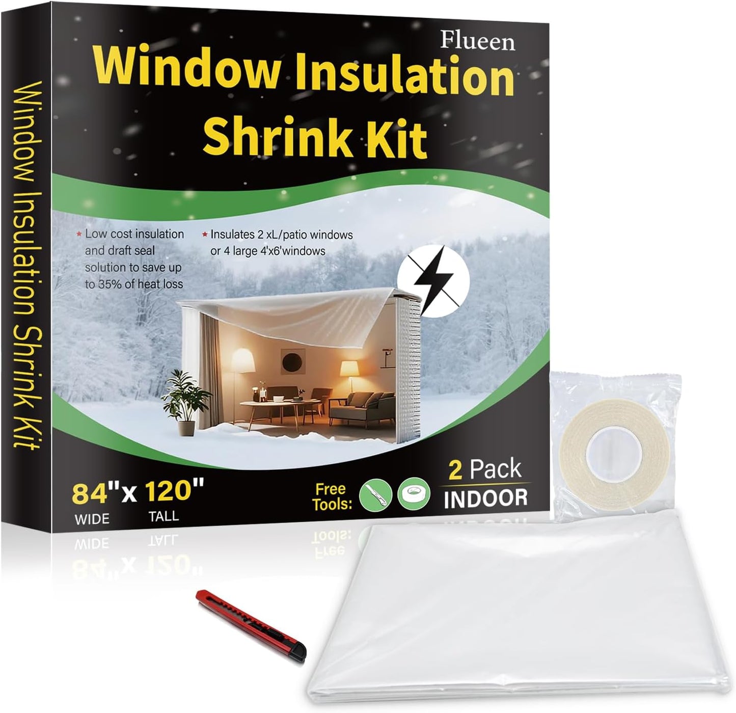 Window Insulation Kit for Winter,Plastic Shrink Film & Strong Tape, Indoor Thermal Seal to Block Drafts, Cold Air for Windows and Patio Doors,5-Pack(42"W x 62"T)