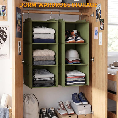 Extra Deep Hanging Closet Organizers and Storage, 2 Pack 3-Shelf | Separable Hanging Shelves with Linen Texture, Foldable & Space-Saving, For Clothes, Handbags, Hats, Closet, Dorm, RV, Green