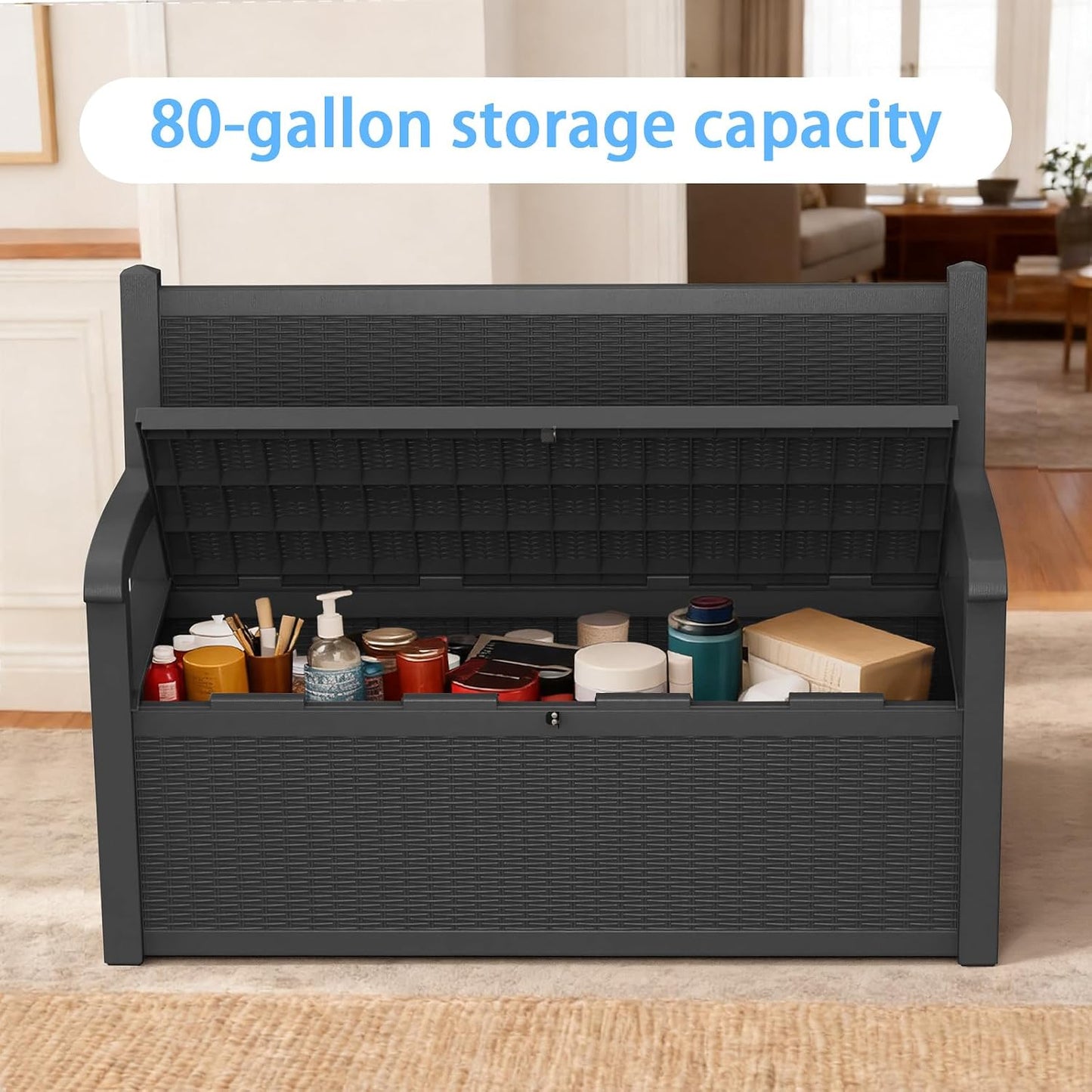 80 Gallon Outdoor Storage Bench, Heavy Duty Deck Box with Stripe Texture, Waterproof Resin Patio Seating for Cushions & Garden Tools, Lockable, 2-Person Capacity, 51"x 24"x 35", Black