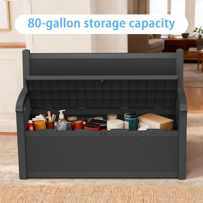 80 Gallon Outdoor Storage Bench, Heavy Duty Deck Box with Stripe Texture, Waterproof Resin Patio Seating for Cushions & Garden Tools, Lockable, 2-Person Capacity, 51"x 24"x 35", Black