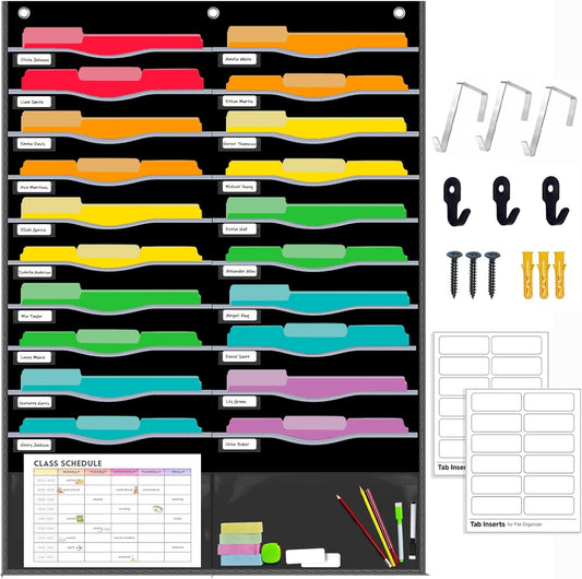 ALSLEA 22 Pockets Hanging Wall File Organizer for Legal/ Letter Size Paper, Over the Door Organizer, 31¾" x 45½" Pocket Chart for Classroom, Office, Warehouse, Home Use with 24 Name Tags & 6 Hooks