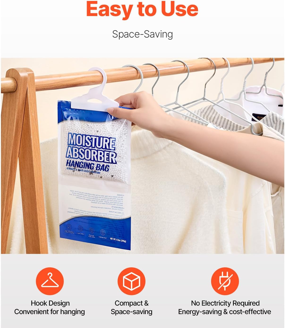 Happybuy Hanging Moisture Absorber, 9.3 oz (10 Packs), Fragrance-Free Bags for Wardrobes, Bedrooms & Bathrooms