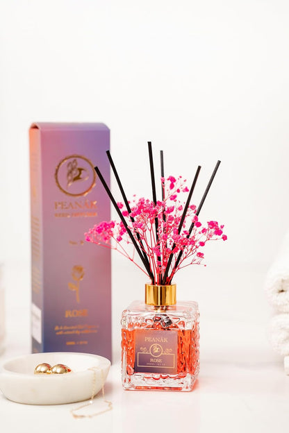 PEANÄK Reed Diffuser Set - Sandalwood Rose Fragrance 6.7oz (200 ml) - Real Preserved Flowers & 8 Reed Sticks for Bathroom Shelf Decor Home Diffuser & Office Scent with Long Lasting Gift Scent