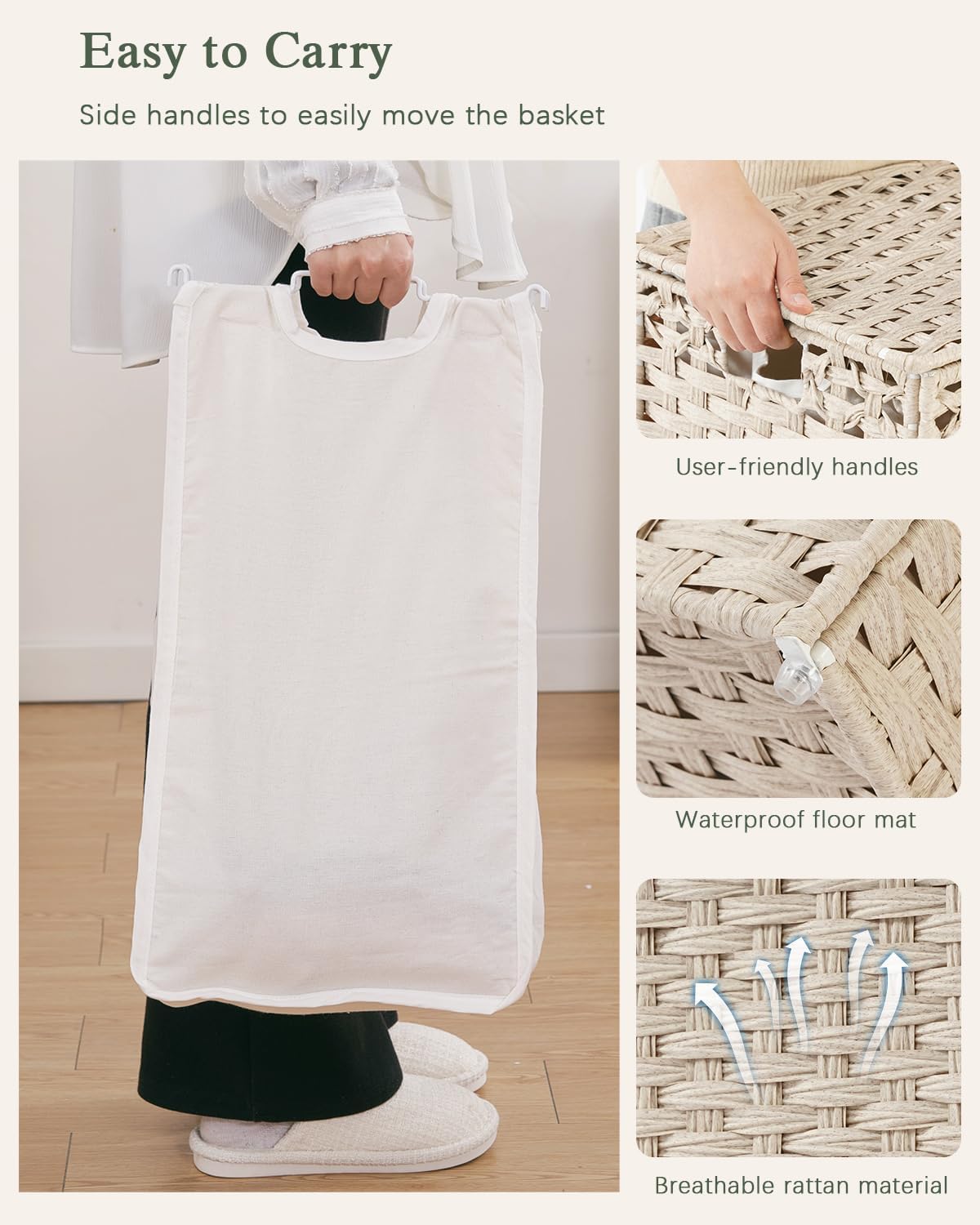SETVSON Laundry Hamper with Lid Laundry Basket 132 L (35 Gal) Wicker Clothes Hamper, Handwoven Rattan Hamper with Handles and 4 Removable Liner Bags, 6 Mesh Bags for Laundry Bedroom Natural