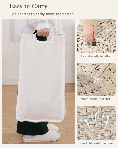 SETVSON Laundry Hamper with Lid Laundry Basket 132 L (35 Gal) Wicker Clothes Hamper, Handwoven Rattan Hamper with Handles and 4 Removable Liner Bags, 6 Mesh Bags for Laundry Bedroom Natural