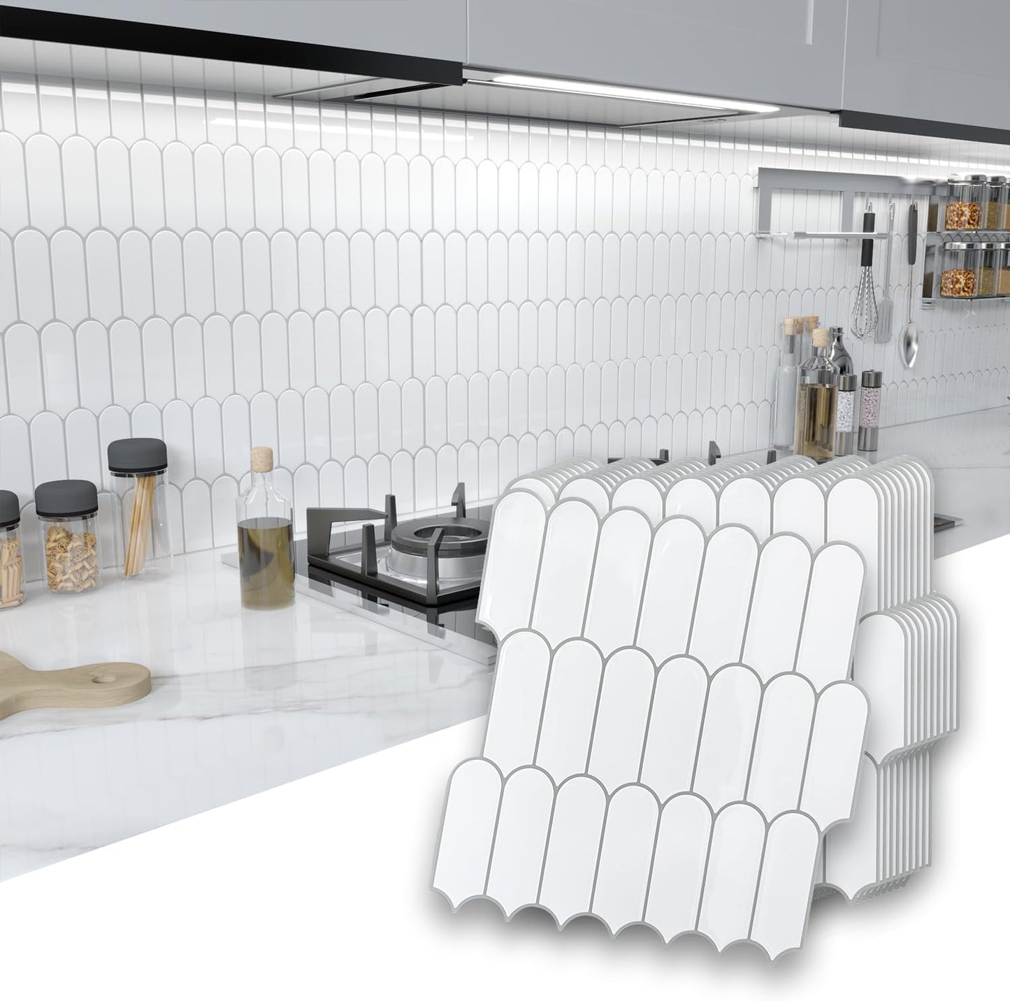 10 Sheet Peel and Stick Backsplash Tile for Kitchen, 12” x 12” Self Adhesive Glossy Vinyl Wall Subway Tiles Waterproof No Residual for Bathroom Fireplace, White with Gray Grout