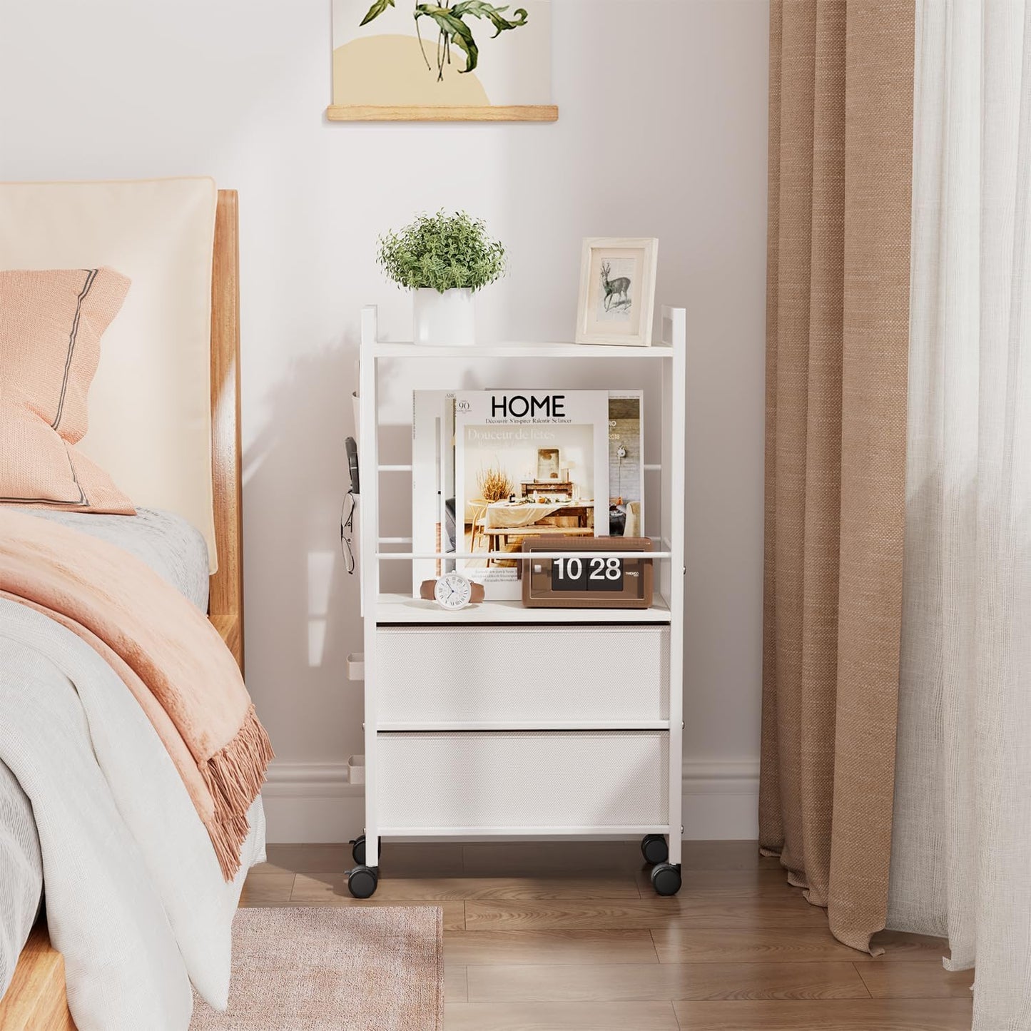 Oppro Small Narrow Side End Table, 2 Drawer Slim Nightstand Bedside Sofa Table with Wheels, Space Saving Rolling Skinny Thin Desk with Storage Bag for Bedroom Living Room Couch Bathroom Dorm
