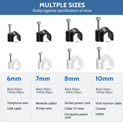 400 Pack Cable Clips with Steel Nails Kit, OD: 6mm/7mm/8mm/10mm Round U Nails (Black&White, Each 50PCS, Total 400PCS), Cable Wire Cord Management Clips, for Wall, Floor, Ceiling, Ethernet, Coax Cable