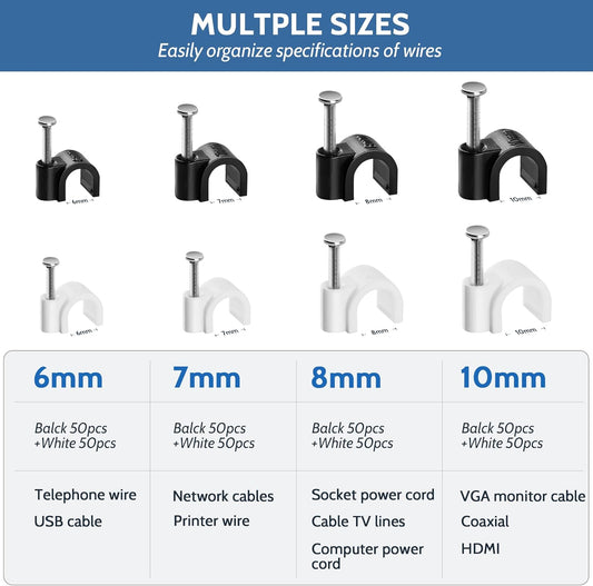 400 Pack Cable Clips with Steel Nails Kit, OD: 6mm/7mm/8mm/10mm Round U Nails (Black&White, Each 50PCS, Total 400PCS), Cable Wire Cord Management Clips, for Wall, Floor, Ceiling, Ethernet, Coax Cable