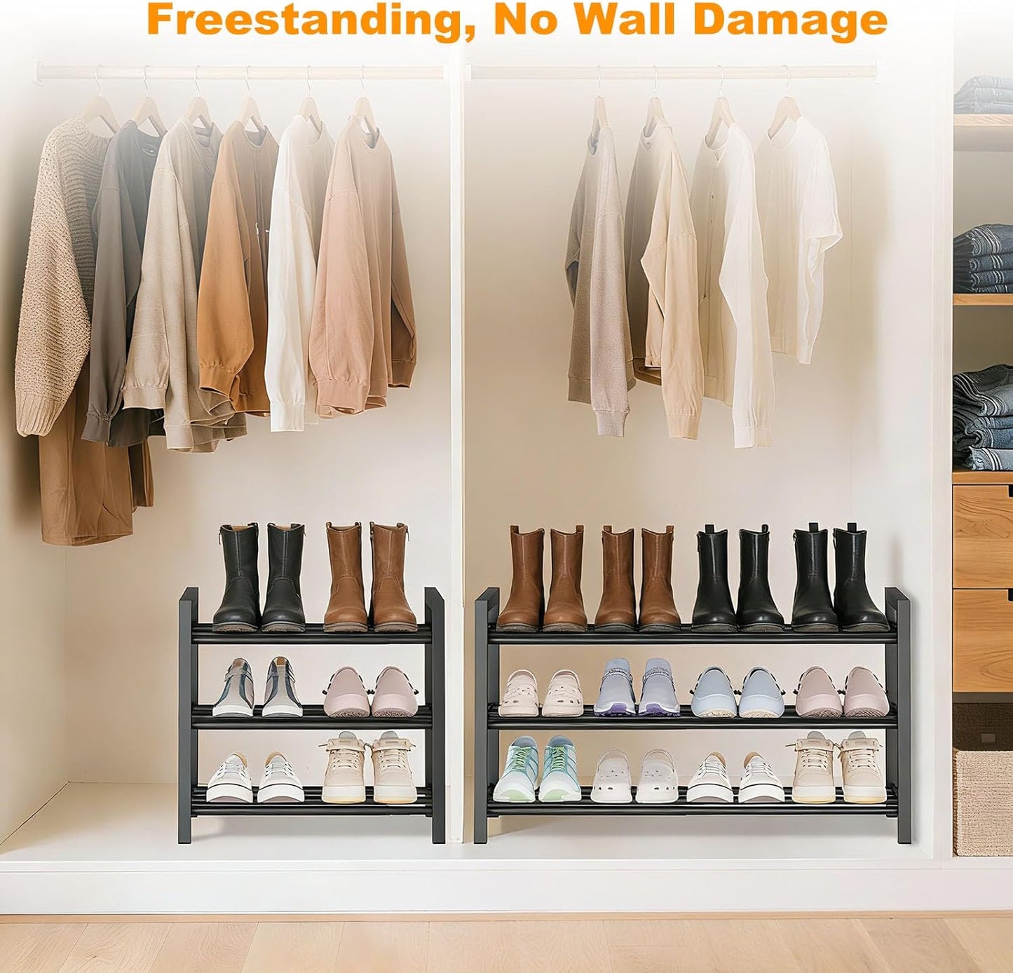 Detsuk 4-Tier Expandable Shoe Rack – Adjustable Metal Shoe Organizer for Closet, Entryway & Mudroom – Stackable, Heavy-Duty Storage, Black
