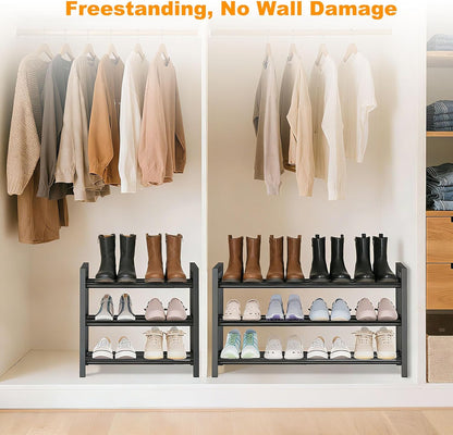 Detsuk 4-Tier Expandable Shoe Rack – Adjustable Metal Shoe Organizer for Closet, Entryway & Mudroom – Stackable, Heavy-Duty Storage, Black