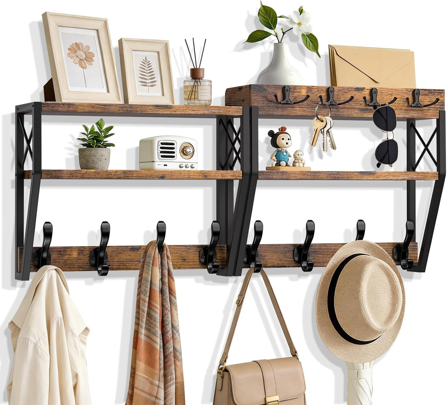 Mail Organizer Wall Mounted, 2 Slots Key Holder for Wall with 8 Hooks, Rustic Wood Key Rack with Shelf for Entryway Hallwall Farmhouse