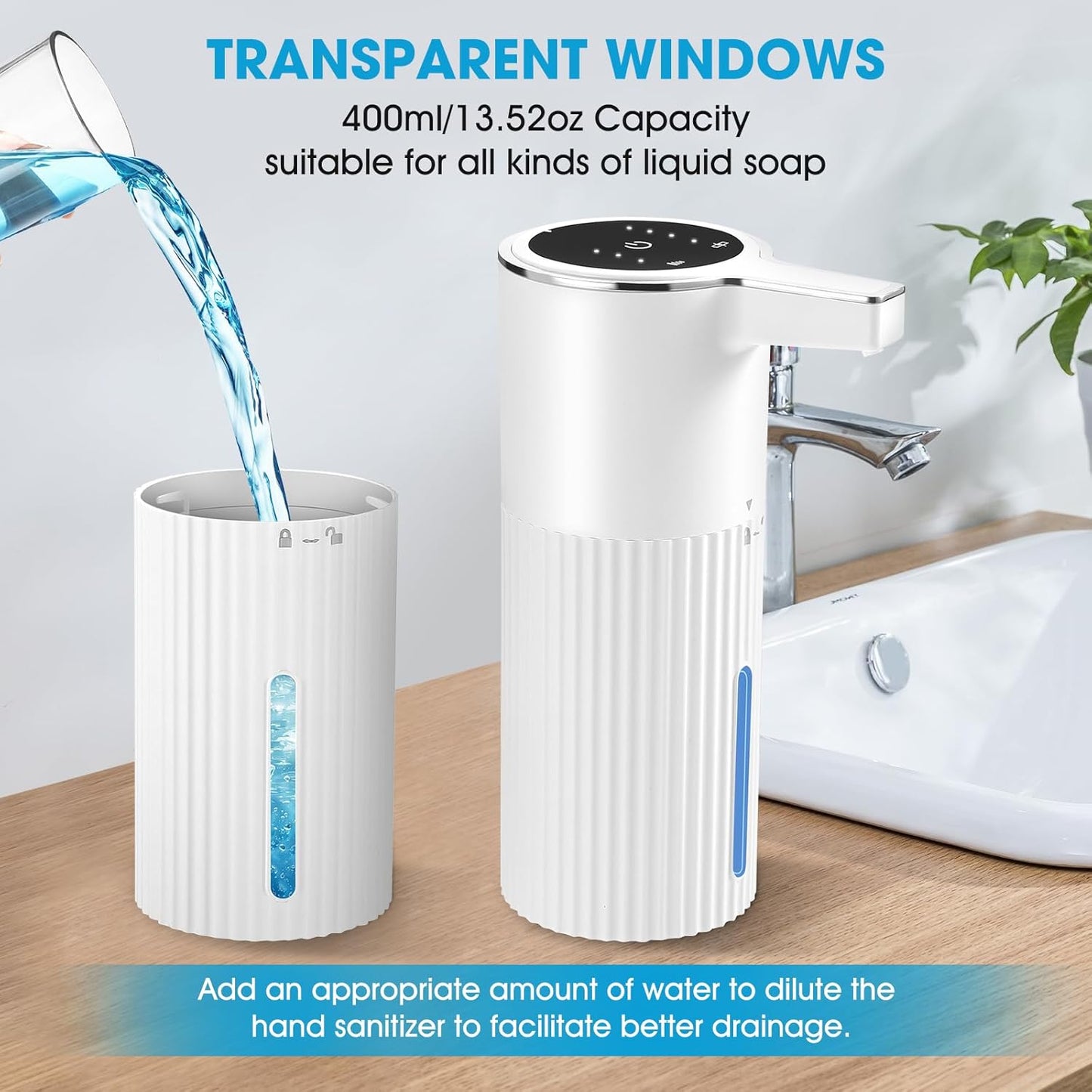 2 Pack Touchless Automatic Soap Dispenser, Smart Sensor Foam Hand Wash Dispenser, USB Rechargeable & Adjustable Customizable for Bathroom Countertop Kitchen Sink, 13.5 oz White Stripes