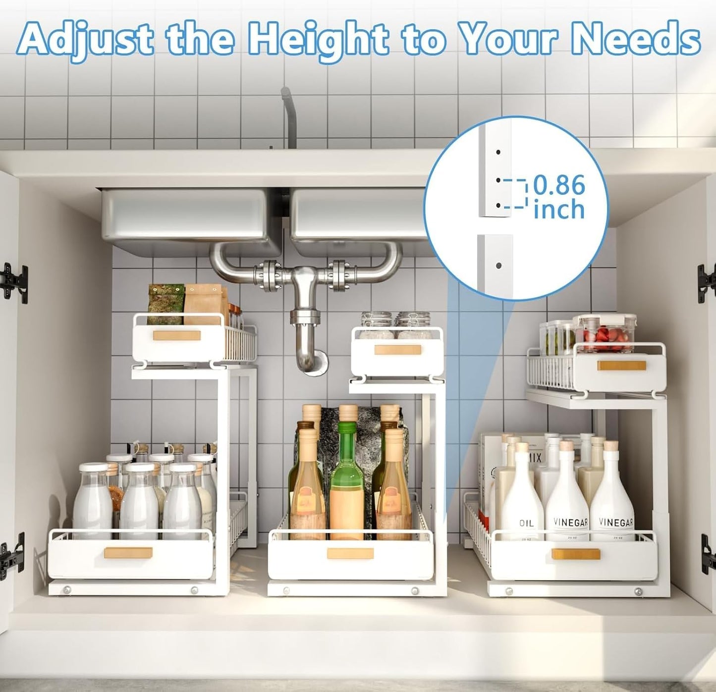 Under Sink Organizer Kitchen - Upgraded Professional Rails, 2 Tier Dual Pull Out Cabinet Storage, Height Adjustable Under Sink Storage, Metal Sliding Drawer for Kitchen & Bathroom, White, 2 Pack